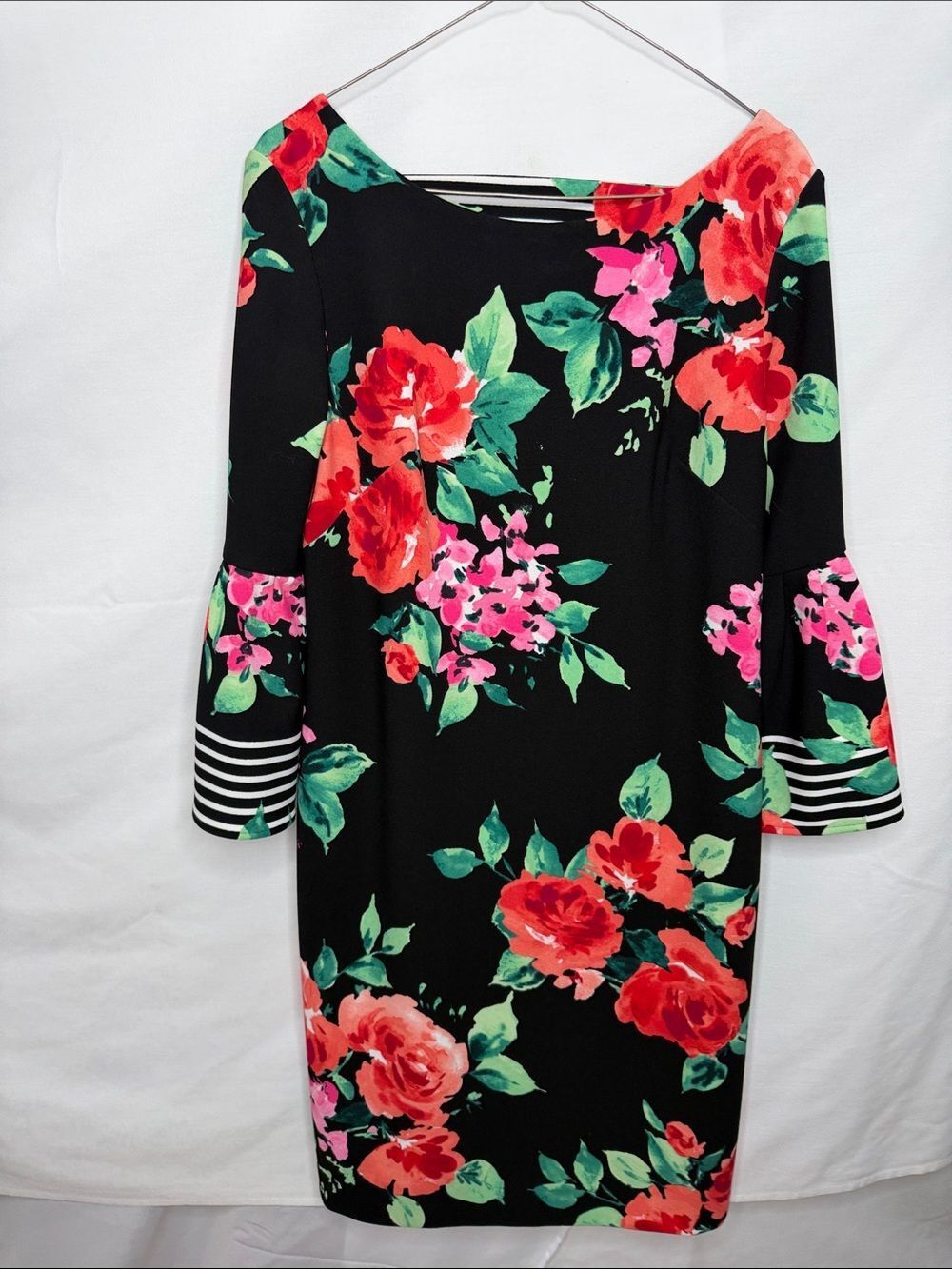 Jessica Black Floral Long Sleeve Sheath Dress with Striped Cuffs